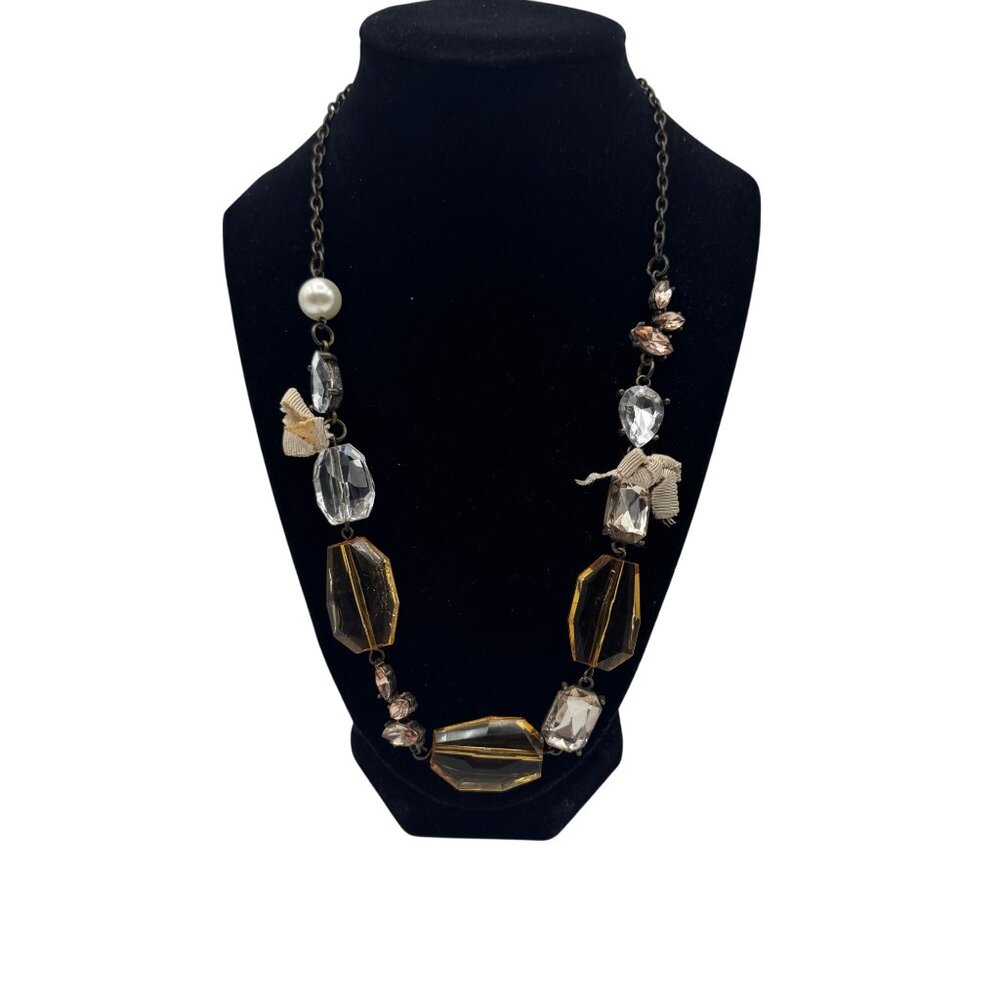Statement Necklace With Amber & Clear Beads Rhinestone & Pearl Accent